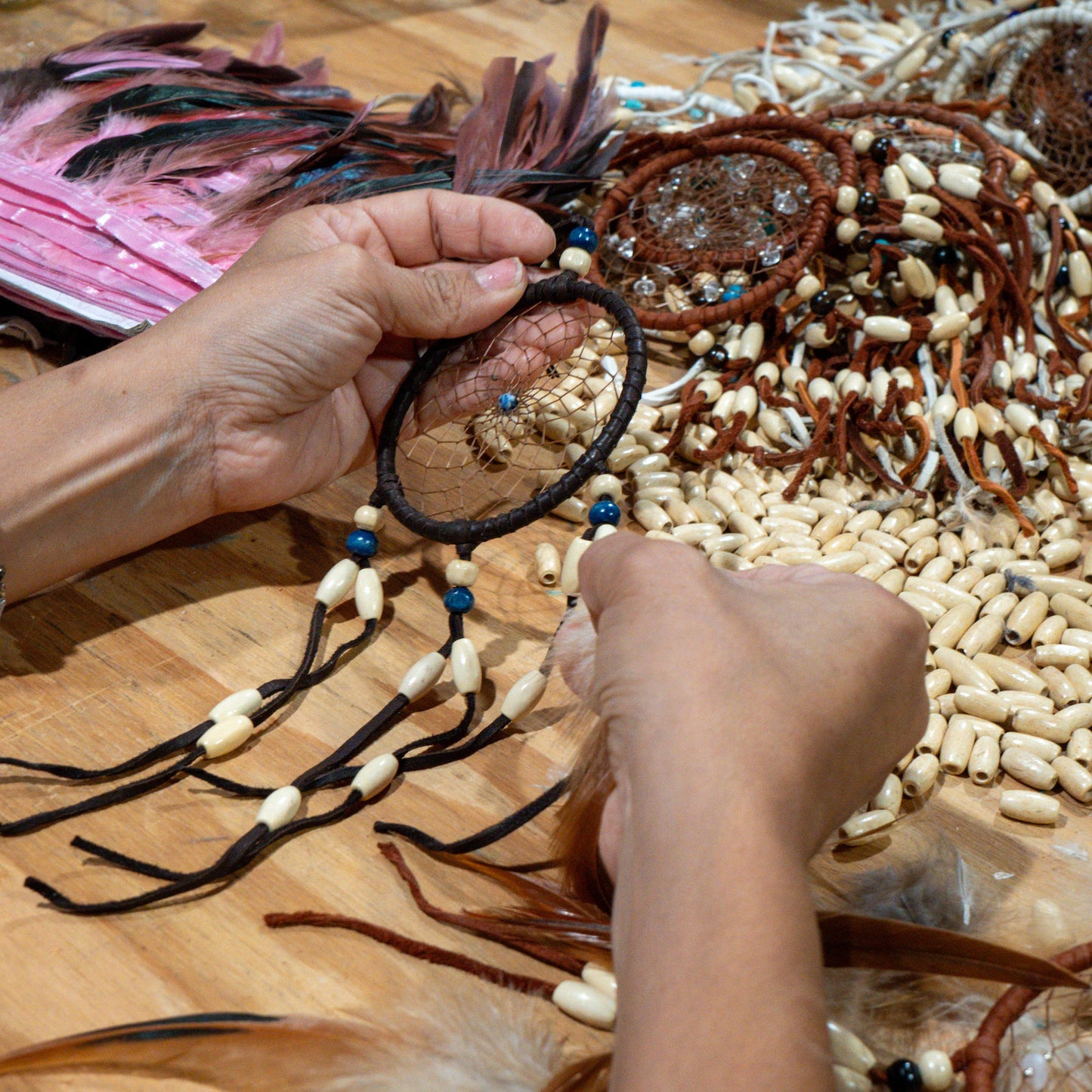 Handmade Indigenous Brown Leather Dreamcatcher - Amara