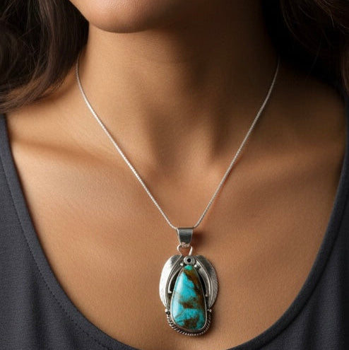 Genuine Native American Turquoise Pendant in Sterling Silver – Handmade Southwestern Jewelry