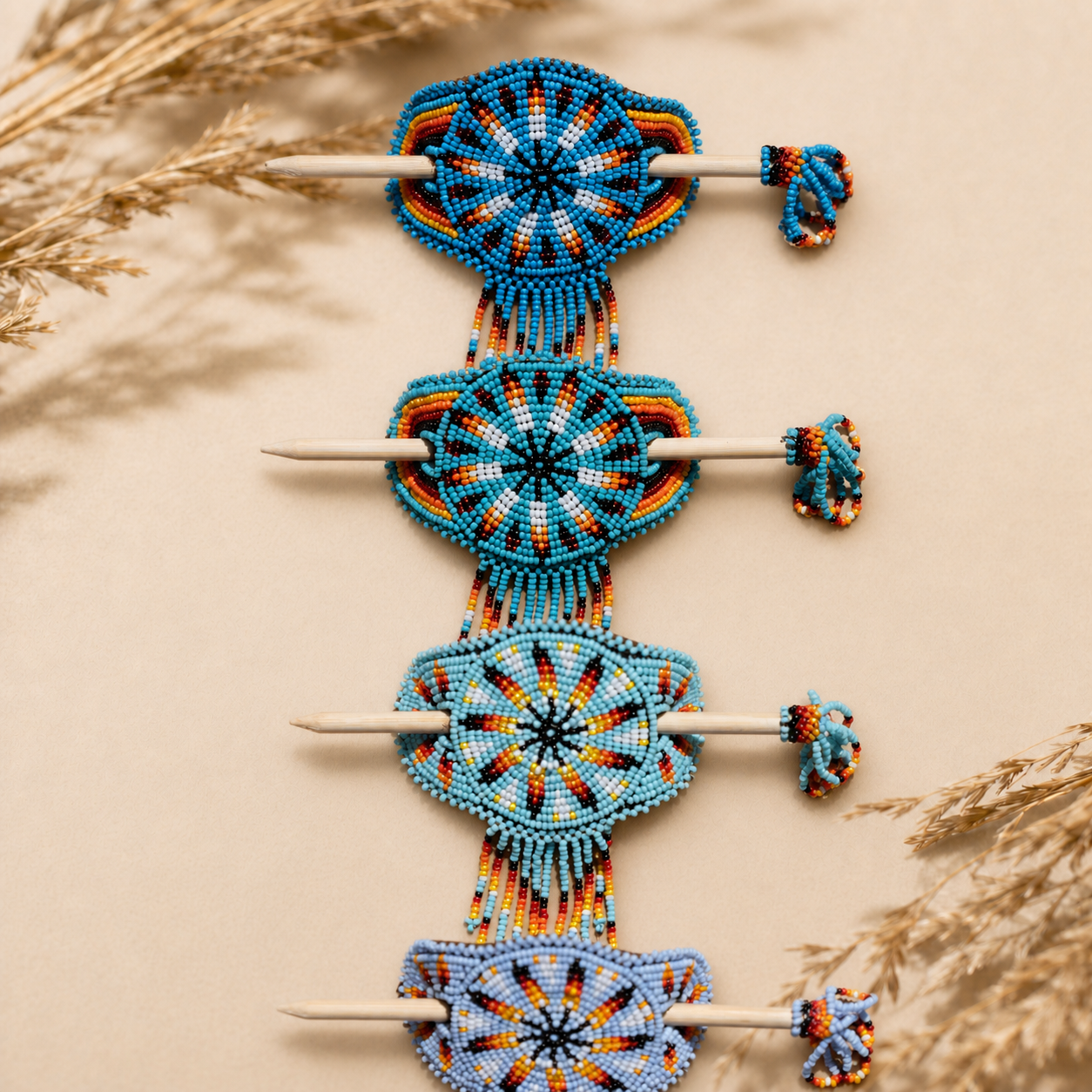 Turquoise Sunburst beaded hair barrette with wooden stick and geometric fringe design