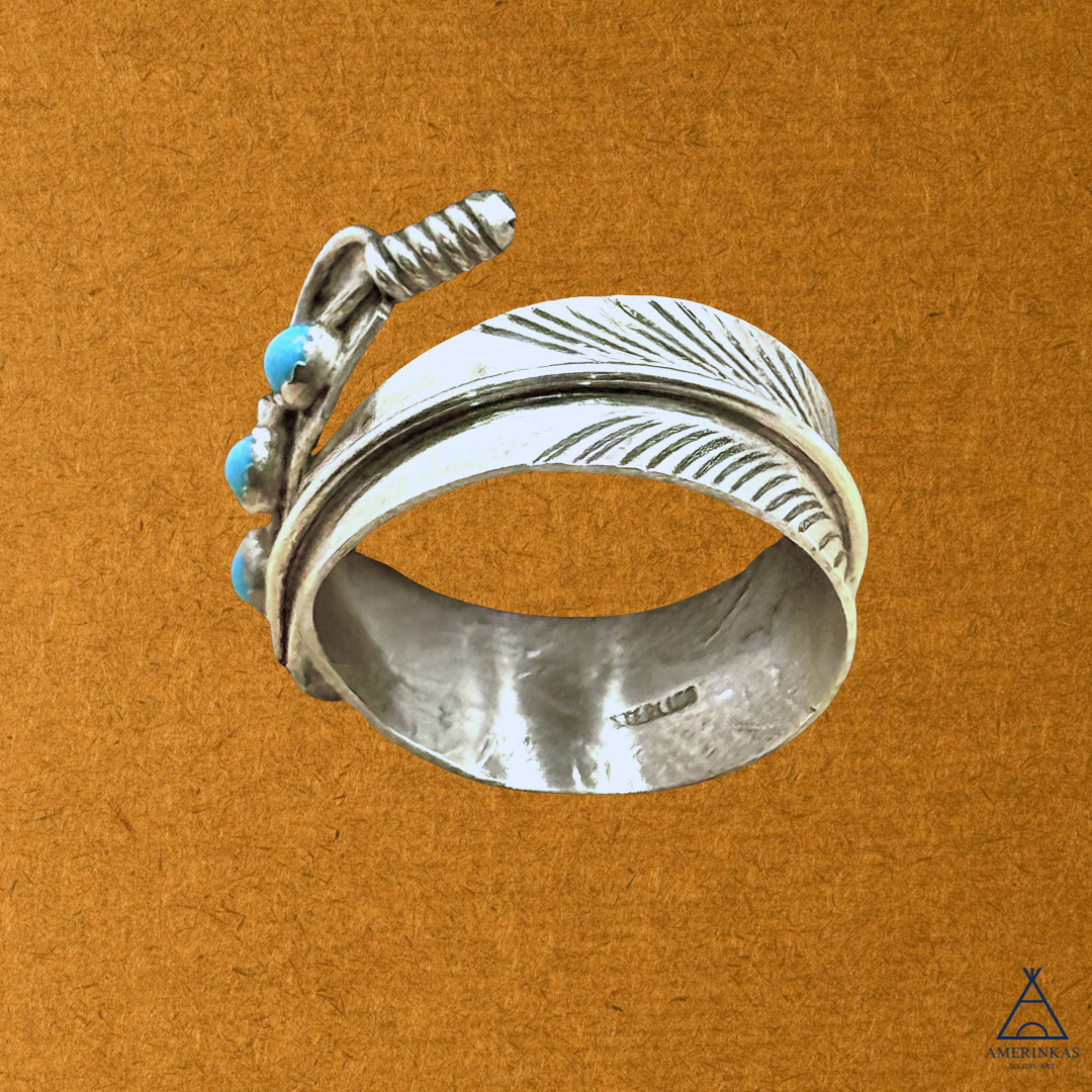 Adjustable Navajo Sterling Silver Feather Ring with Turquoise Accents