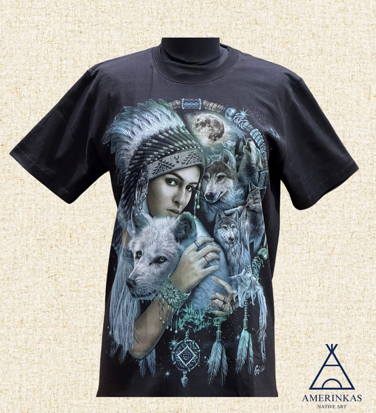 Tribal Warrior & White Wolf T-Shirt
