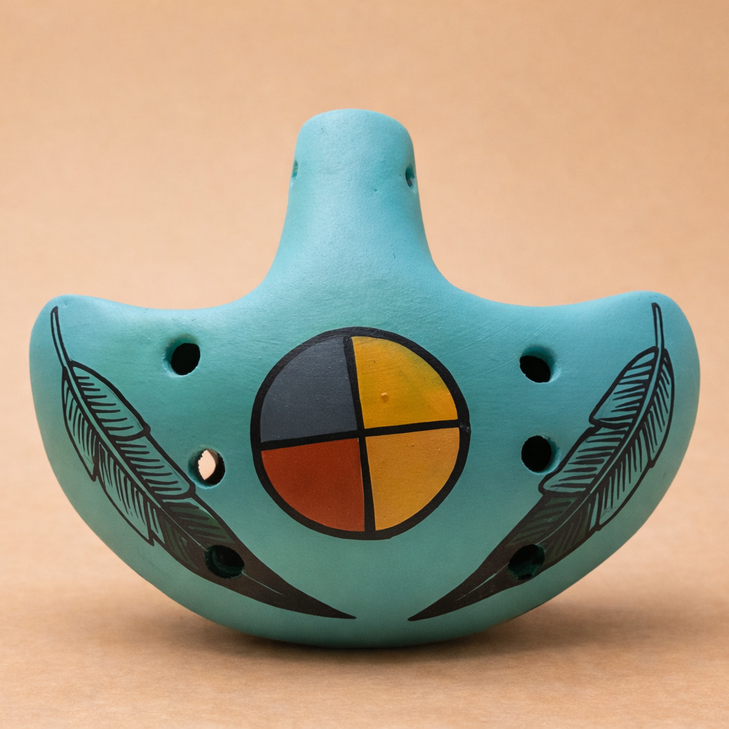 Handmade ceramic ocarina flute in  turquoise with feather and medicine wheel design, front view