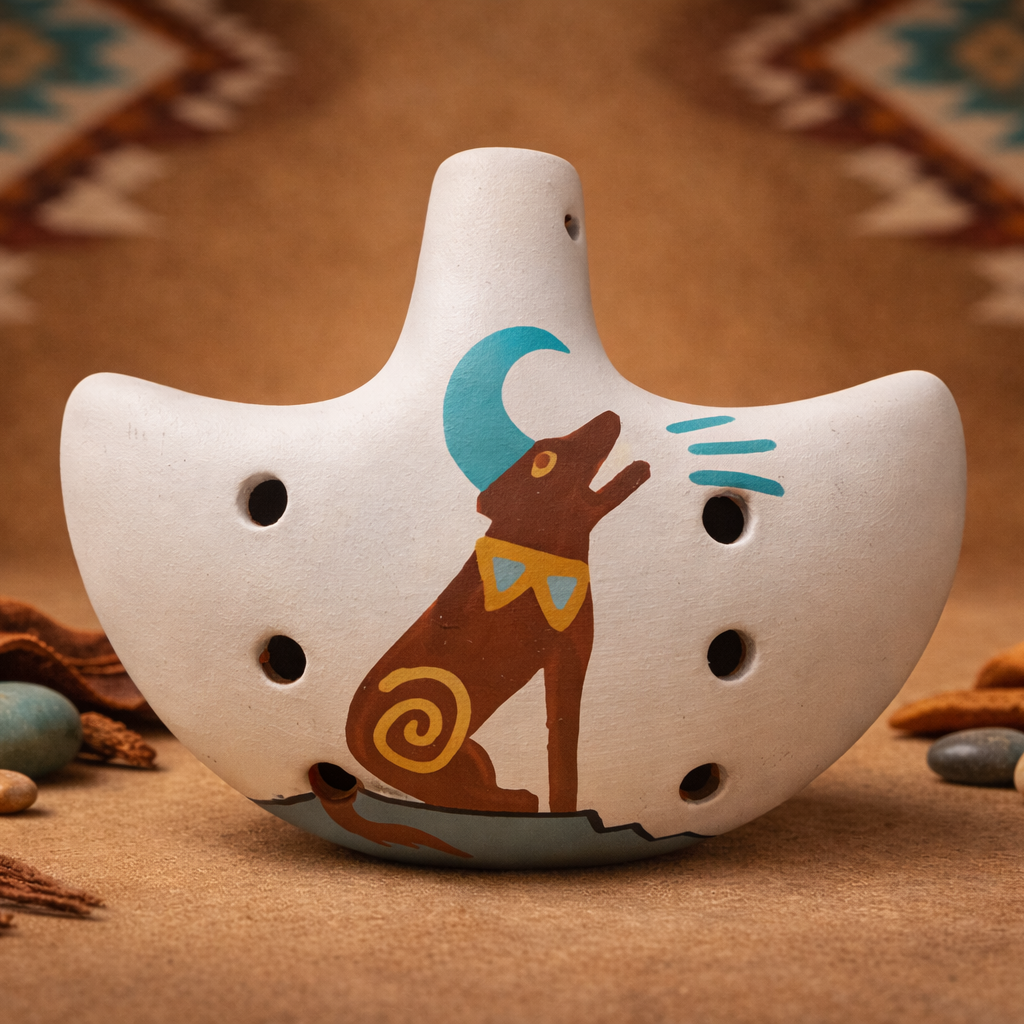 Hand-painted ceramic ocarina flute with howling coyote design in sandstone clay 