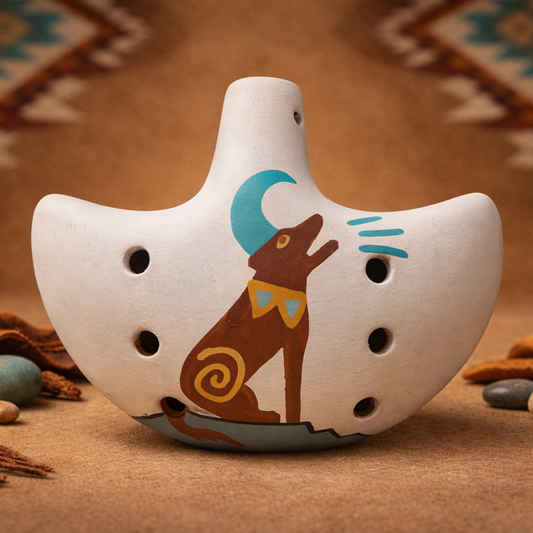 Hand-painted ceramic ocarina flute with howling coyote design in sandstone clay 