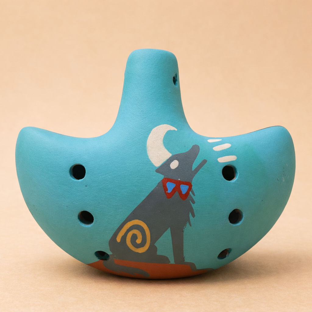 Hand-painted ceramic ocarina flute with howling coyote design in turquoise clay