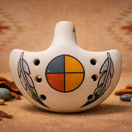 Handmade ceramic ocarina flute with feather design on natural background
