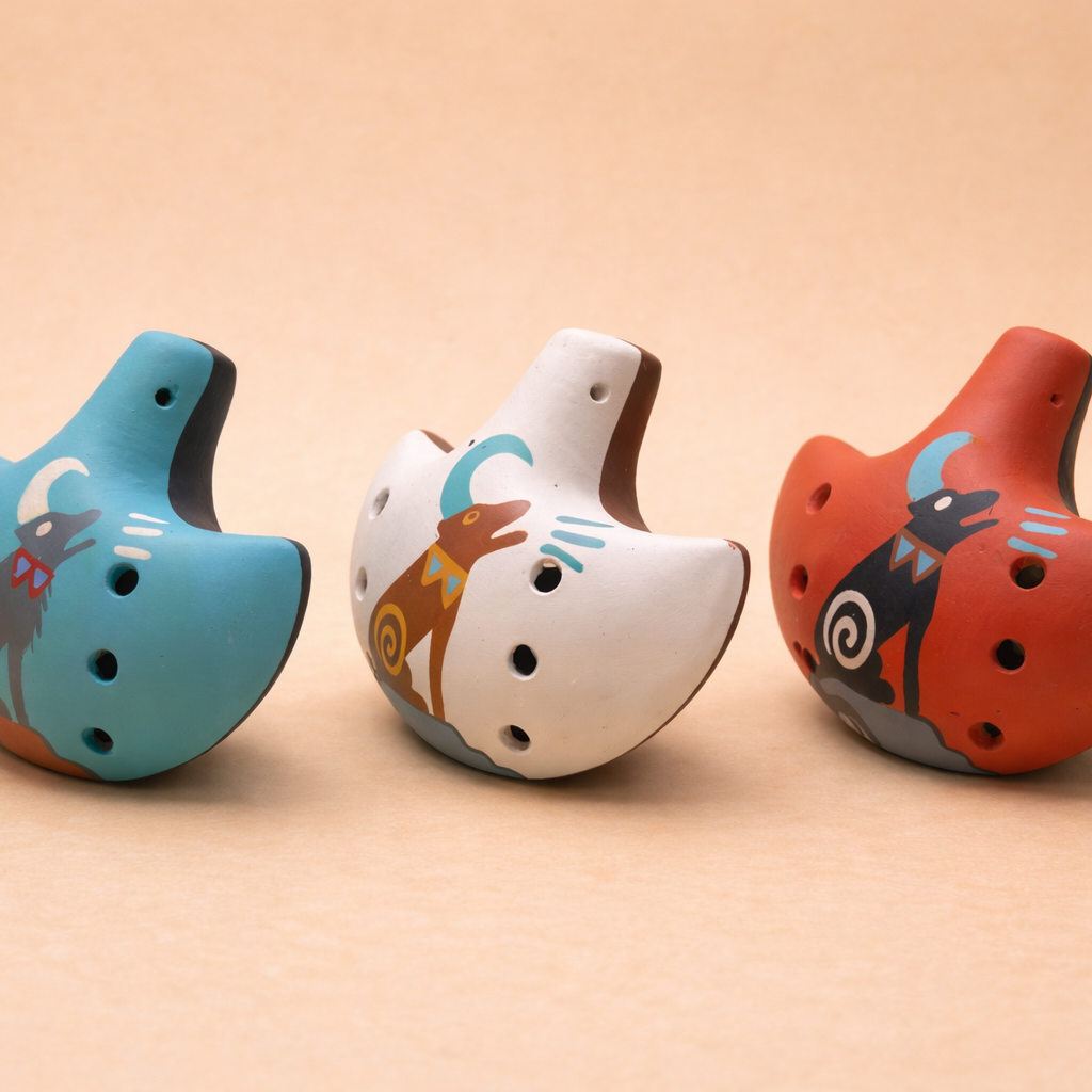 Hand-painted ceramic ocarina flutes with coyote design in turquoise, sandstone, and terracotta clay colors