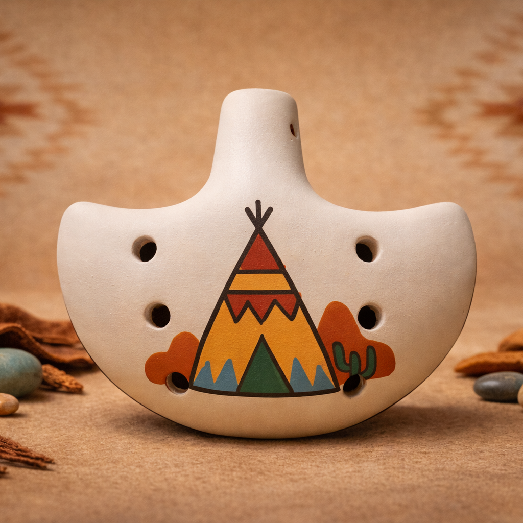 Handmade teepee ocarina ceramic flute with southwest desert design
