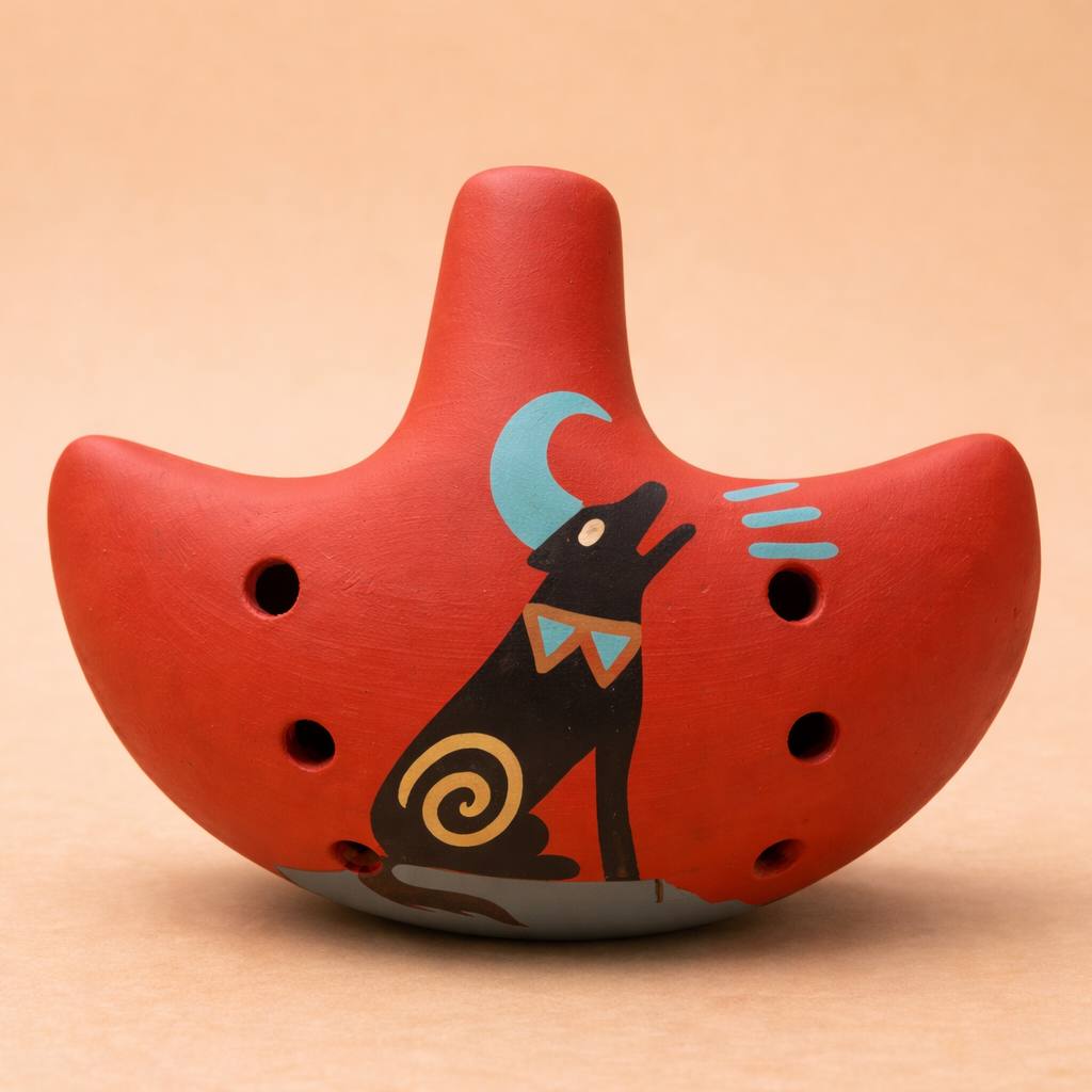 Hand-painted ceramic ocarina flute with howling coyote design in terracotta red clay