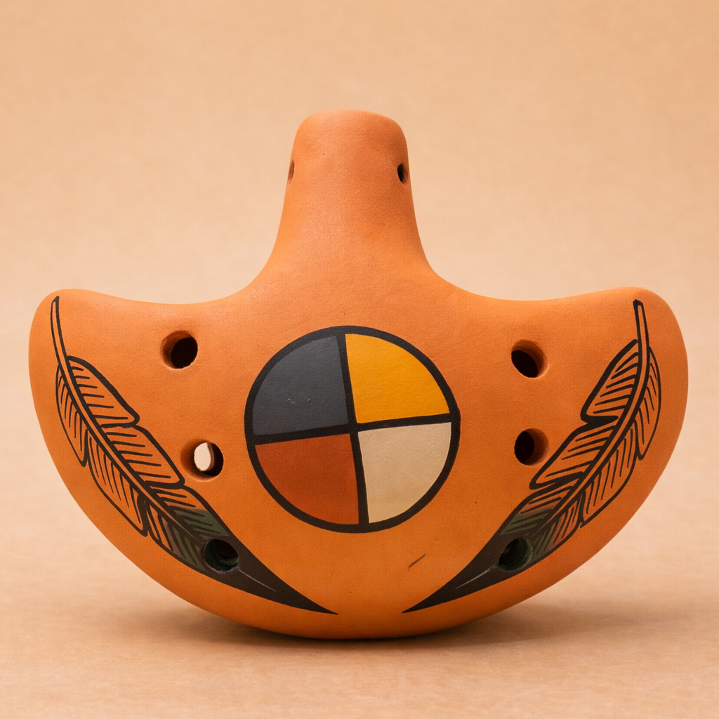 Handmade ceramic ocarina flute in terracotta with feather and medicine wheel design