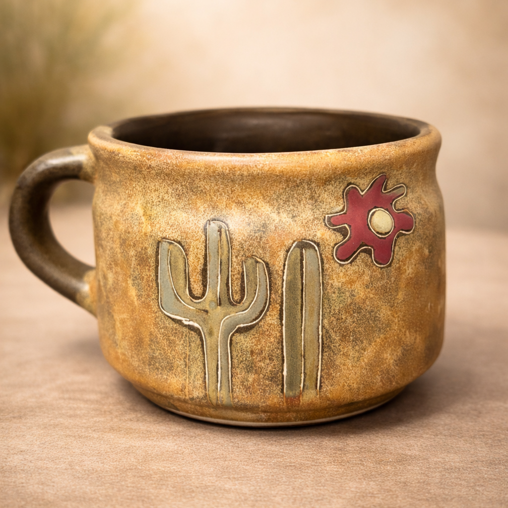 Handmade Southwest Desert Ceramic Mug – Cactus & Skull Stoneware Coffee Cup, Western Rustic Pottery Gif