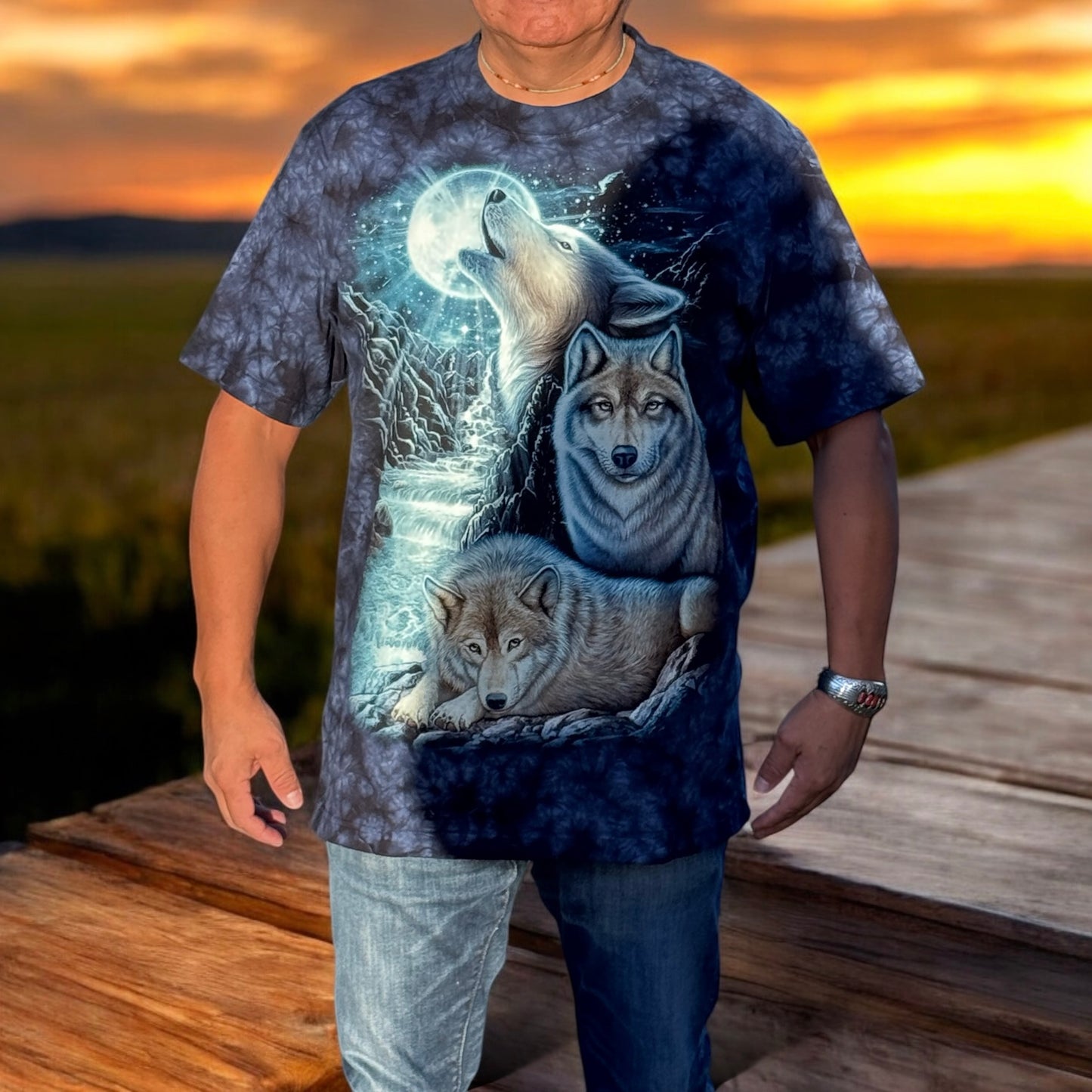 3D Wolf Pack Moon T-Shirt | Mystical Tie-Dye Spirit Animal Tee