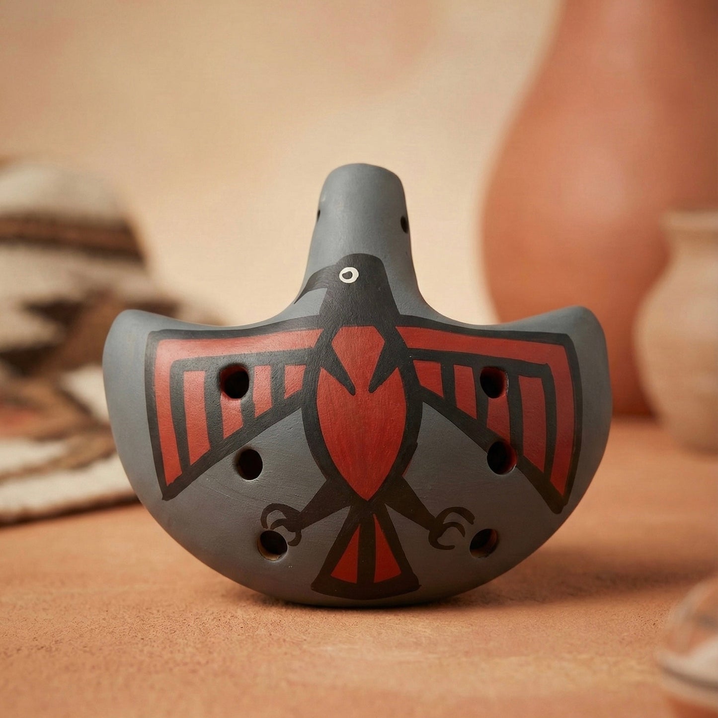 Hand-Painted Clay Ocarina – Thunderbird Symbol
