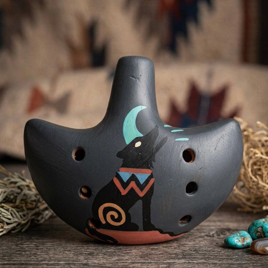 Hand-painted black ceramic ocarina flute with howling coyote design on rustic wooden surface