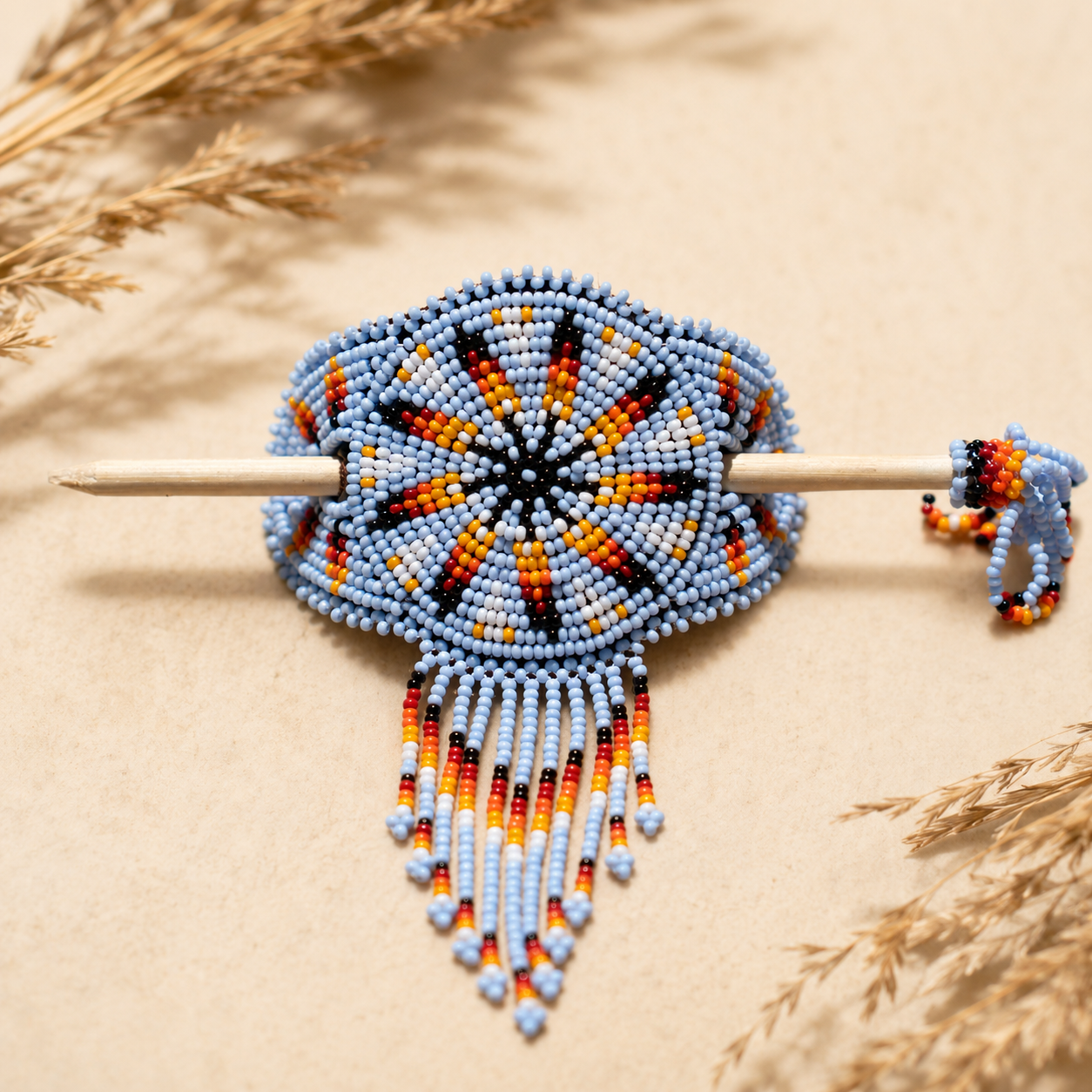 Desert Sky Southwestern beaded hair barrette with wooden stick and turquoise fringe