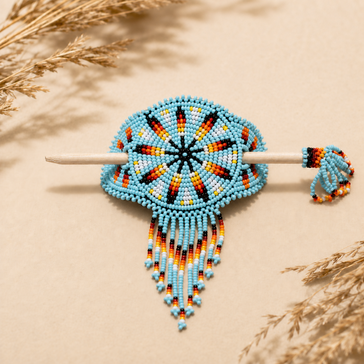 Southwestern Sky periwinkle beaded hair barrette with wooden stick and fringe