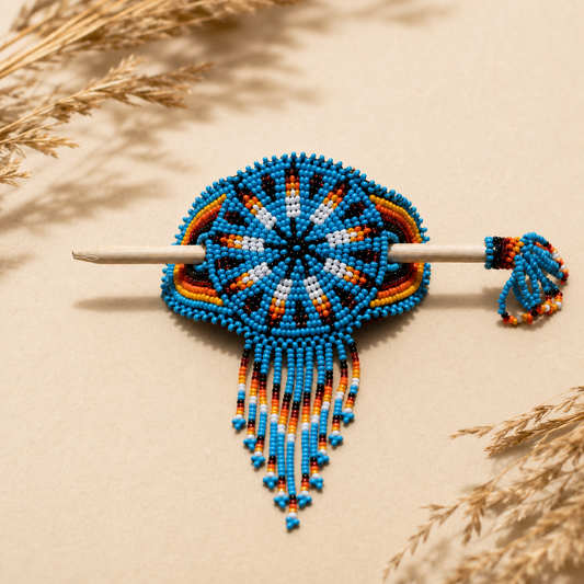 Four Southwestern beaded hair barrettes with wooden sticks in blue, turquoise, periwinkle, and berry colorways