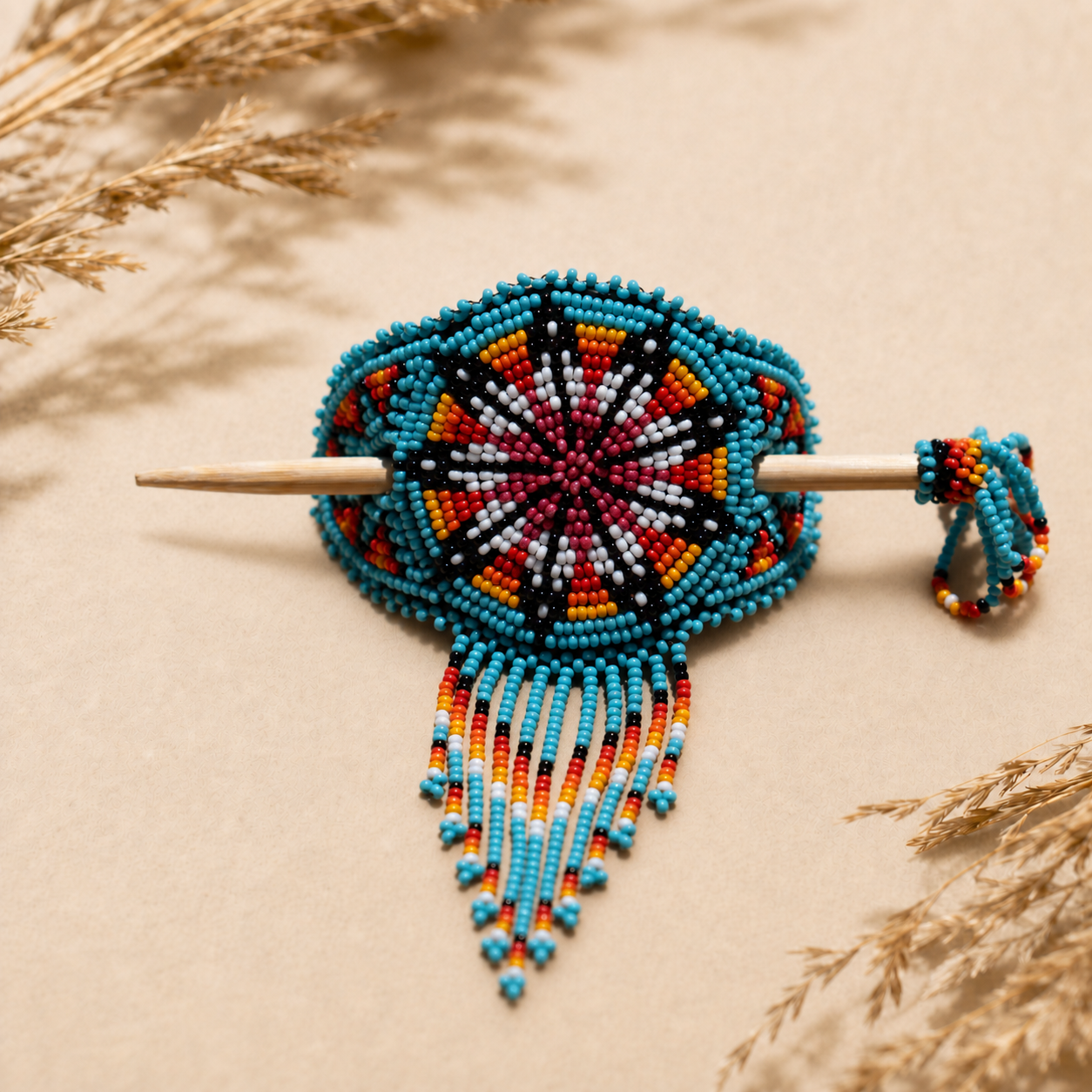Mesa Sunrise turquoise and berry beaded hair barrette with wooden stick and fringe
