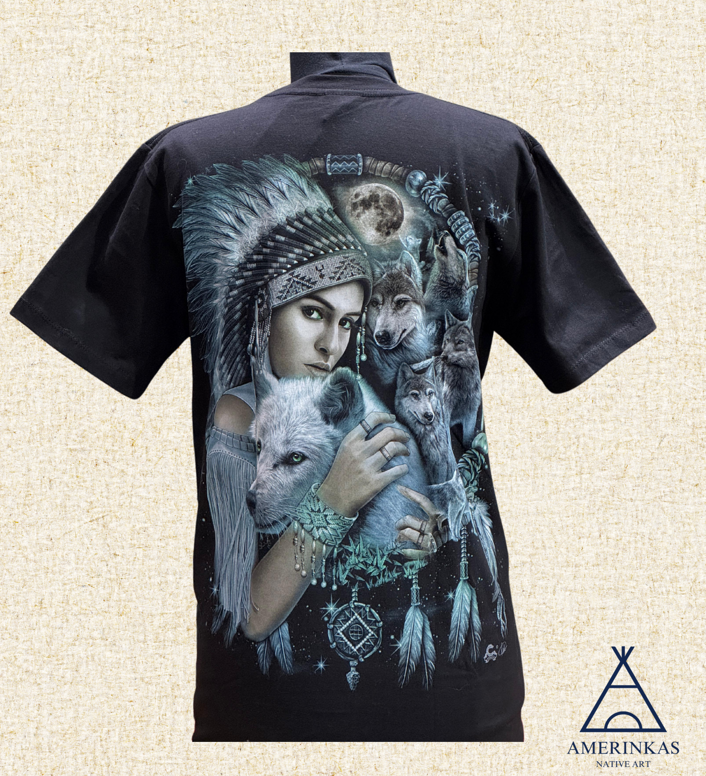 Tribal Warrior & White Wolf T-Shirt
