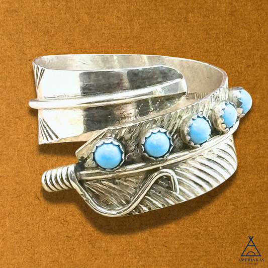 Adjustable Navajo Sterling Silver Feather Ring with Turquoise Accents