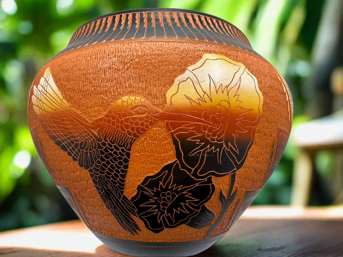 Laguna Pueblo Etched Pottery Vase by Diane Aragon – Hummingbird & Floral Design