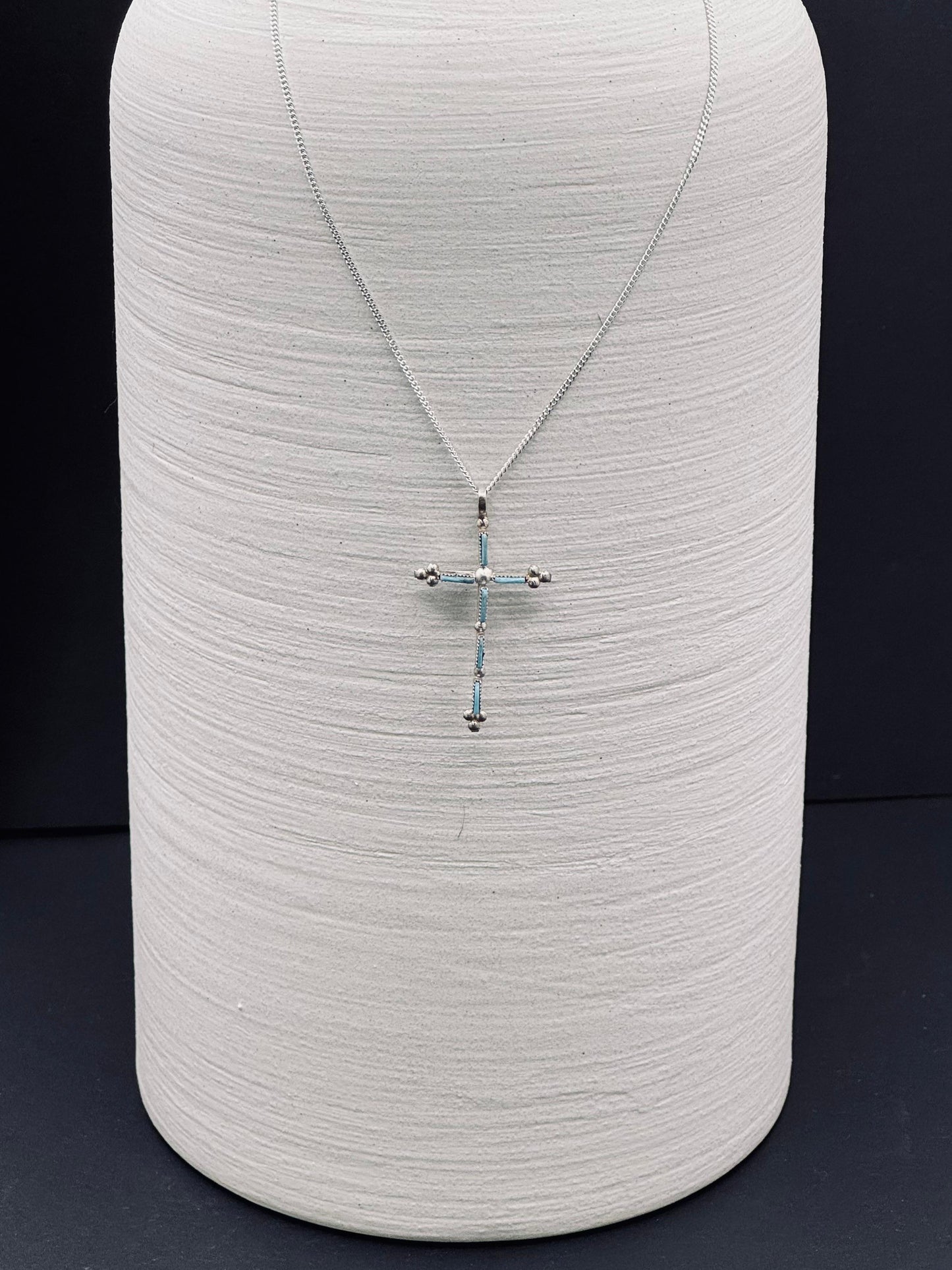 Native American Zuni Cross Pendant – Sterling Silver & Turquoise Necklace