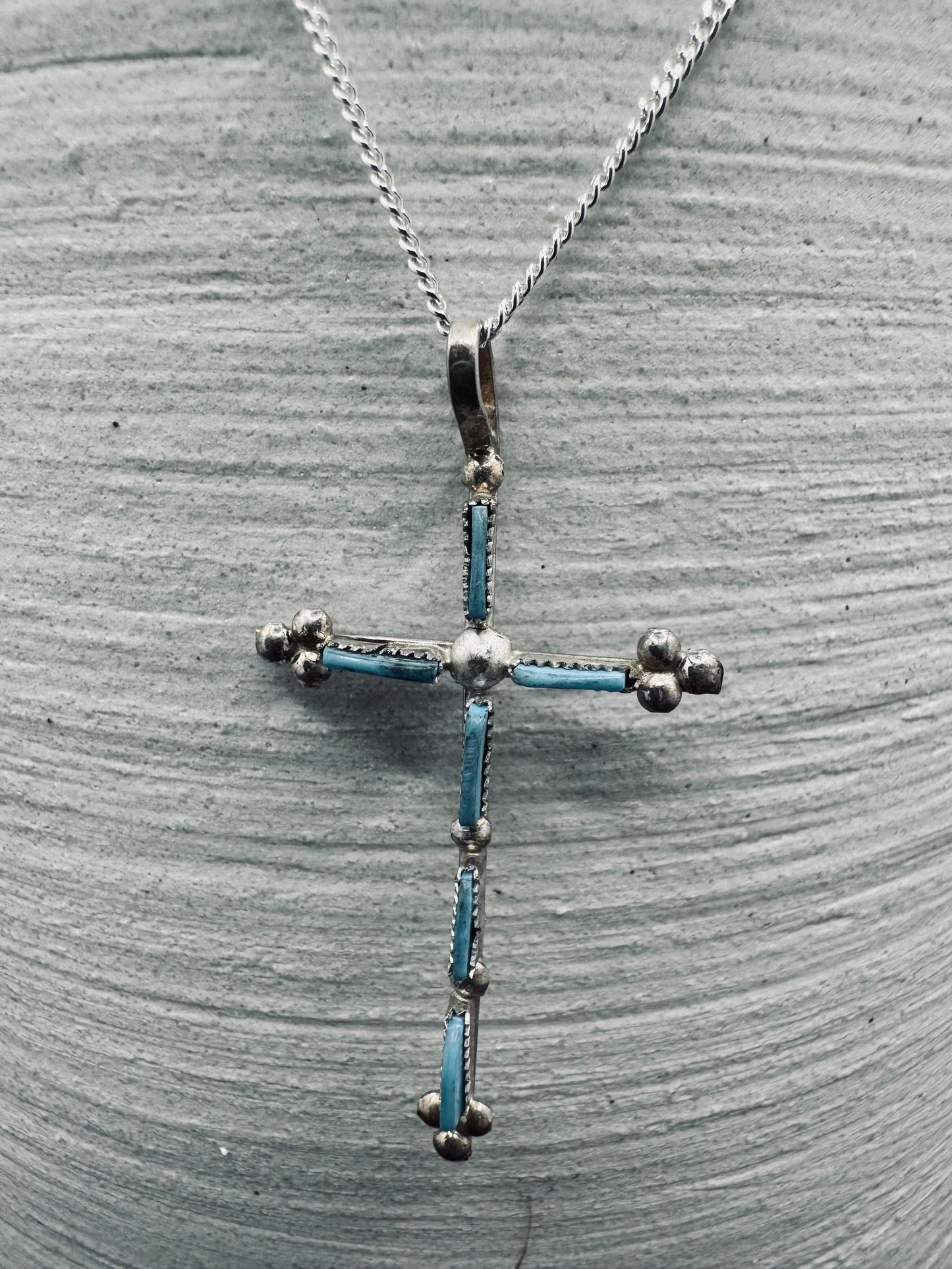 Native American Zuni Cross Pendant – Sterling Silver & Turquoise Necklace