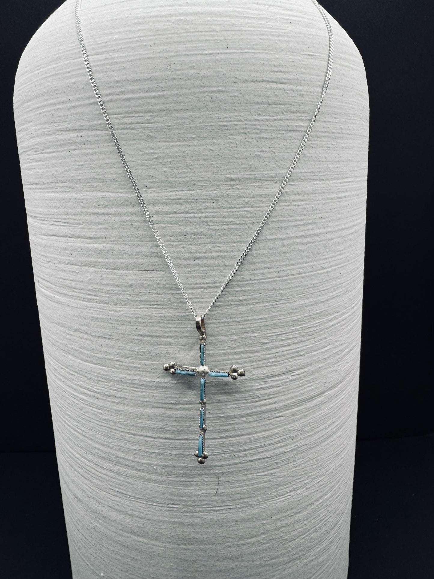 Native American Zuni Cross Pendant – Sterling Silver & Turquoise Necklace