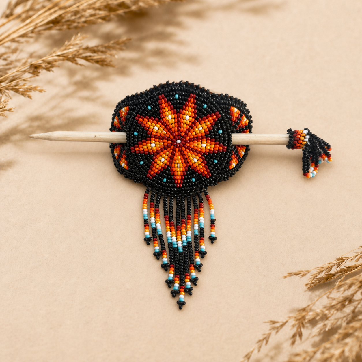 Midnight Ember black and orange Southwestern beaded hair barrette with wooden stick and flowing fringe