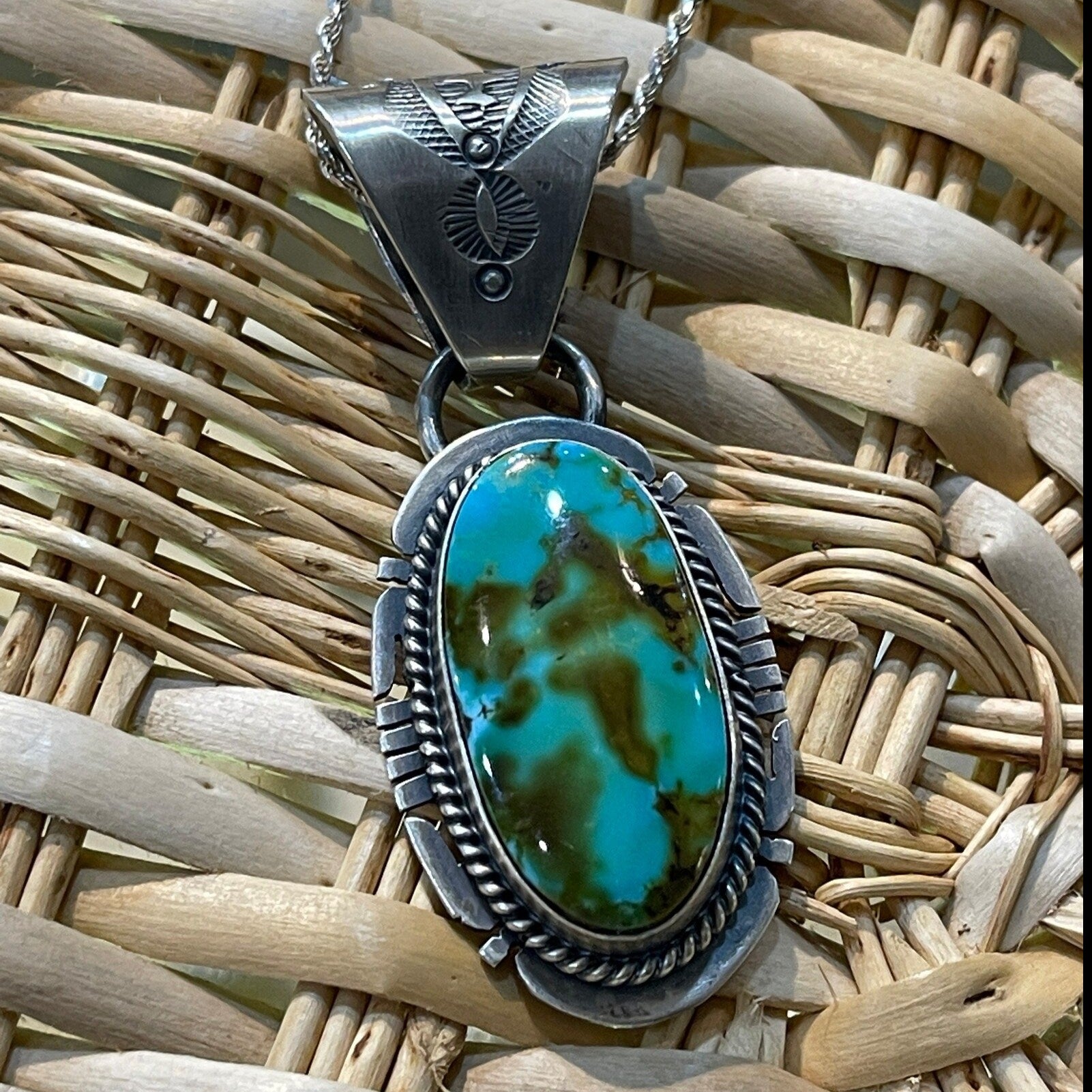 Mens Feather Turquoise Pendant Navajo Sterling Silver Necklace 02133 | eBay